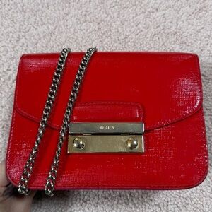 Furla Red Mini Julia Crossbody Bag with Chain Strap